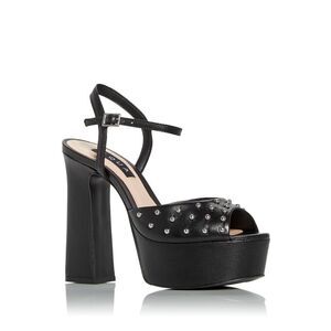 AQUA Womens Black 1-1/2" Platform Cullen Toe Block Heel Leather Sandals 6 B
